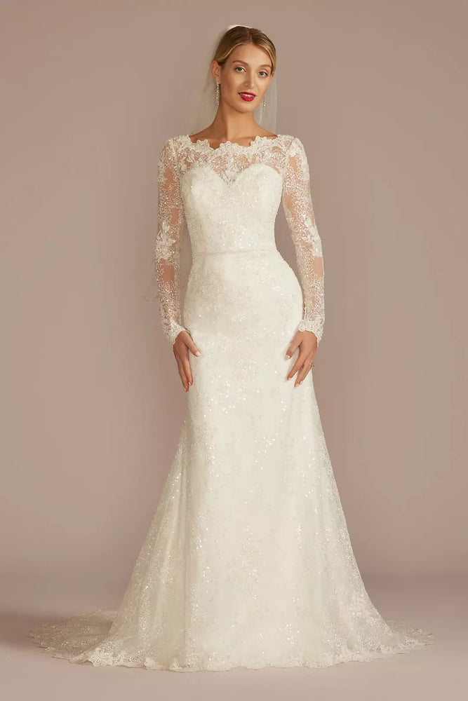 Beaded Lace Long Sleeve Sheath Wedding Dress - Ivory