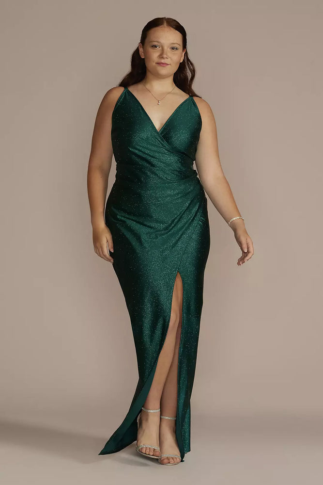 Plus Spaghetti Strap Glitter Knit Draped Dress - Green