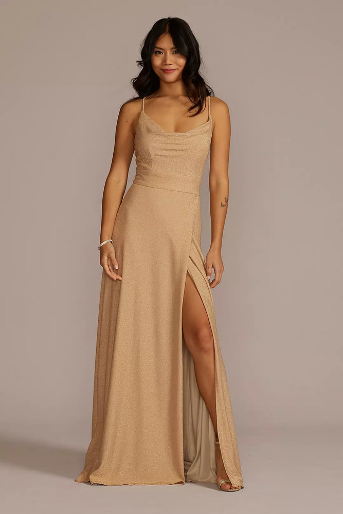 Metallic Cowl Neck Dress with Lace-Up Back - Yellow