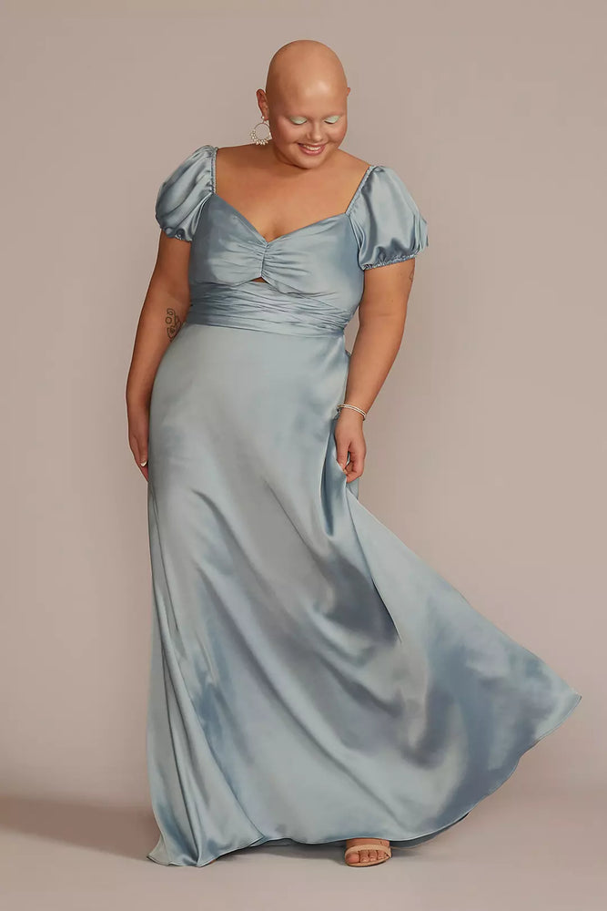 Puff Sleeve Satin Gown - Blue