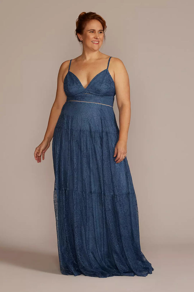 Plus Size Floor Length V-Neck Allover Lace Gown - Blue