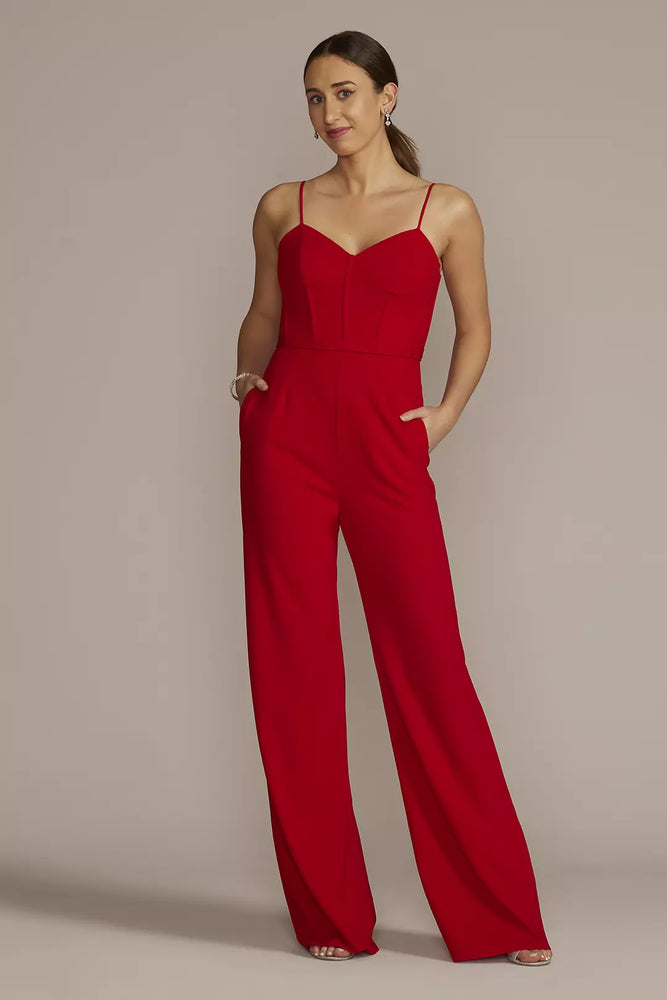 Stretch Crepe Corset Straight Leg Jumpsuit - Red