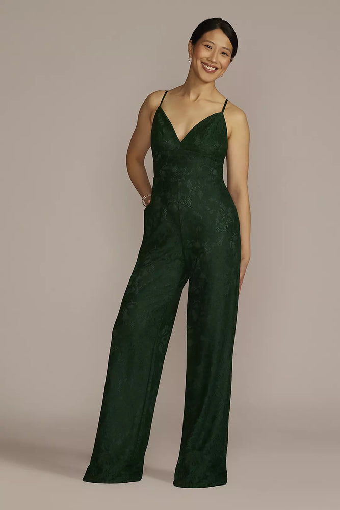 Allover Lace V-Neck Jumpsuit - Green