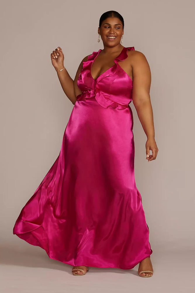 Plus Size Floor Length Ruffle Charmeuse Gown - Pink