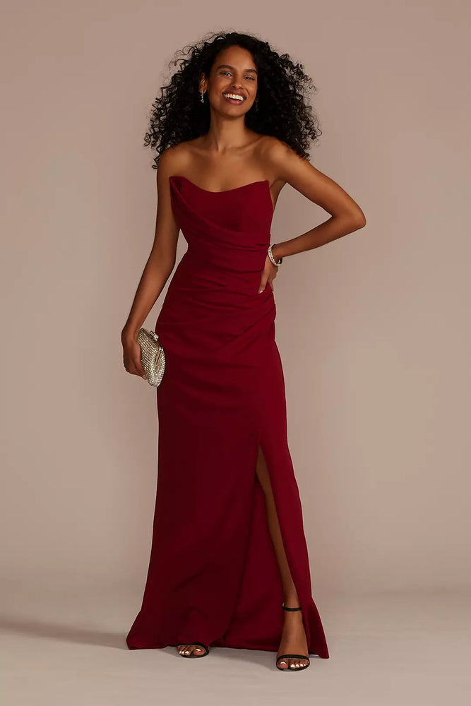 Strapless Draped Crepe Sheath with Slit - Red