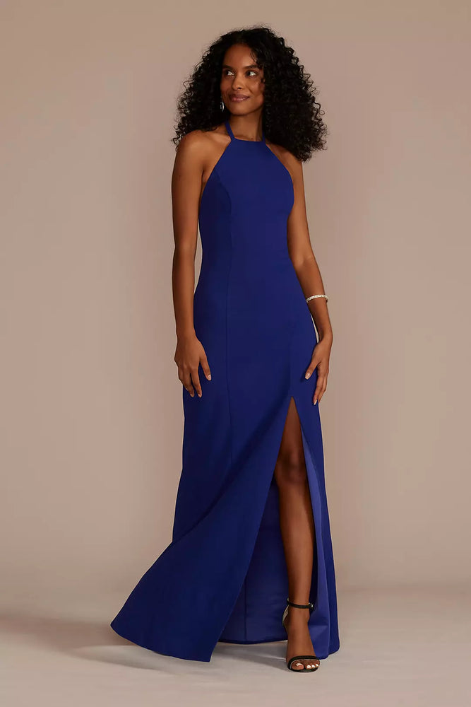 Crepe Halter Sheath with Fringe Back - Blue