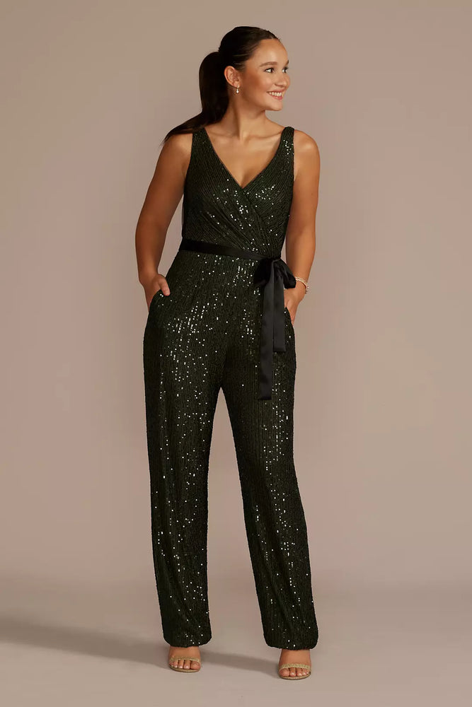 Allover Sequin V-Neck Tank Jumpsuit - Green