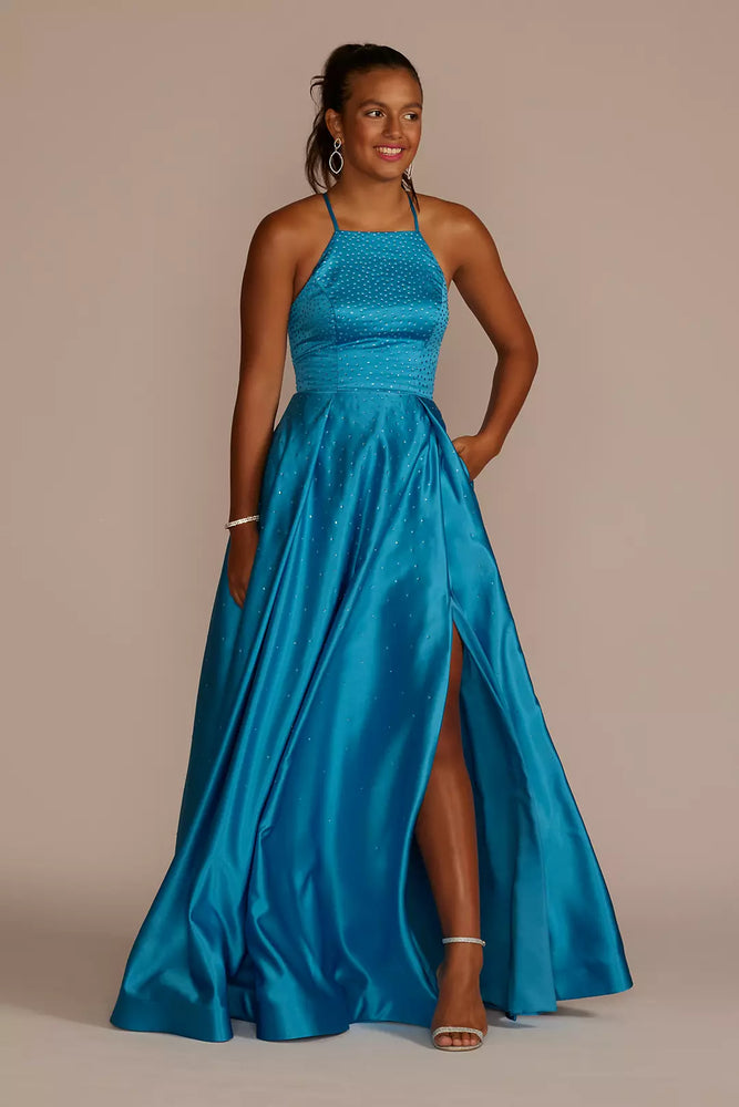 Embellished High Neck Satin Ball Gown with Slit - Blue