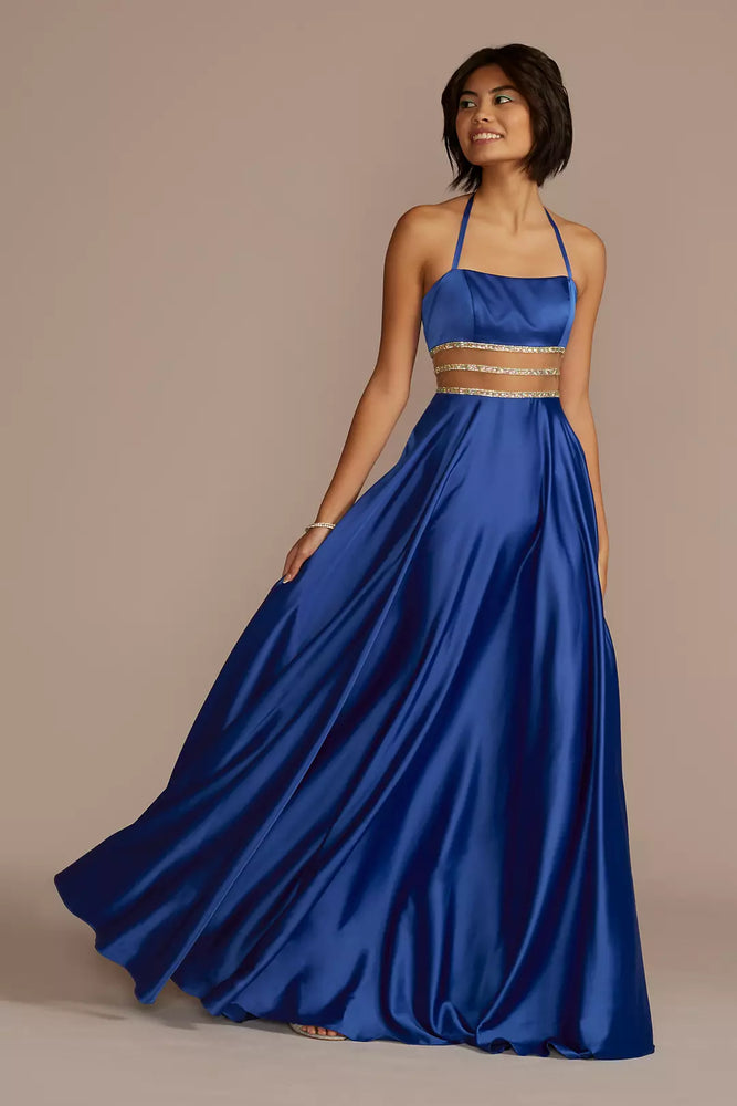 Charmeuse Halter A-line with Beaded Illusion Waist - Blue