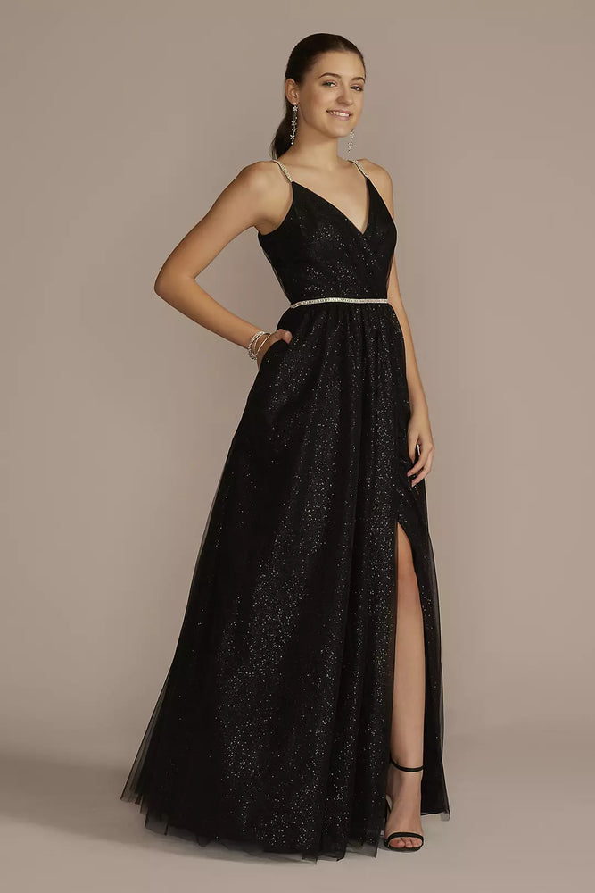 Glitter Tulle Ball Gown with Embellished Trim - Black