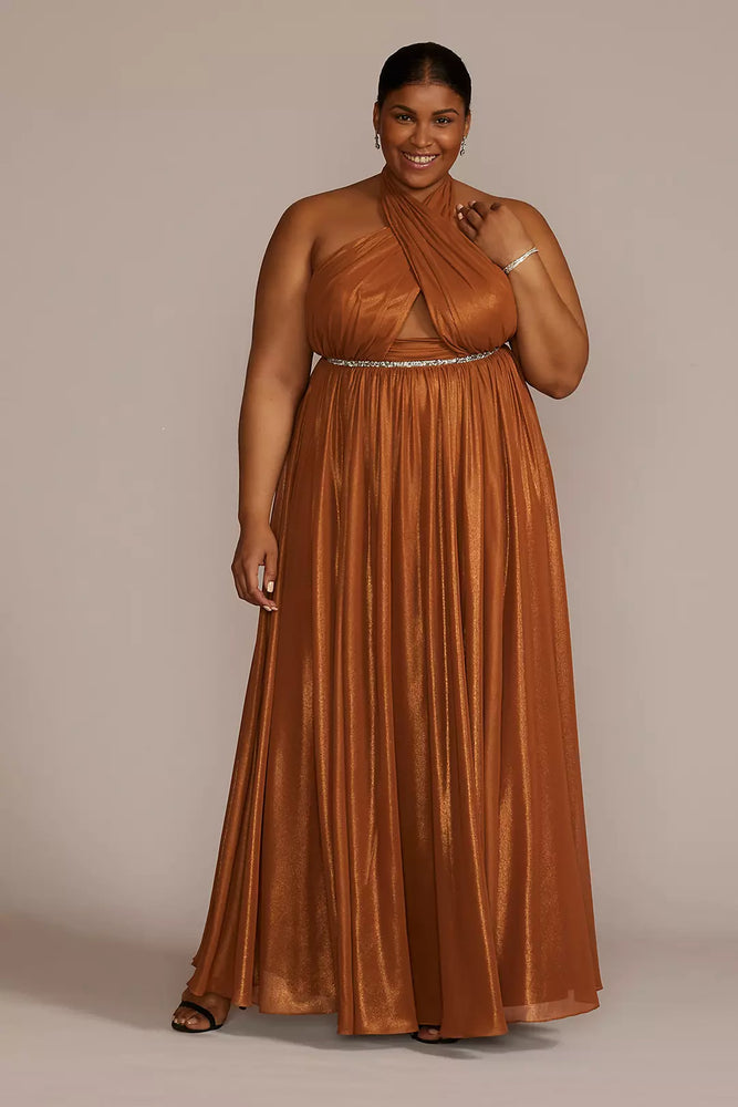 Plus Size Chiffon Halter Dress with Bodice Cutout - Brown