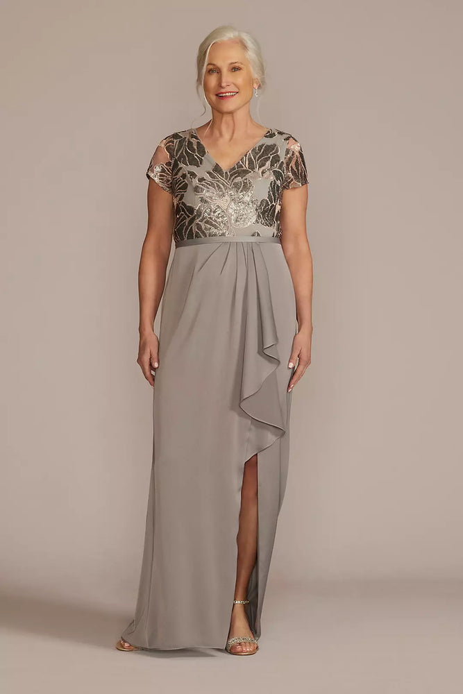 Embellished Satin Short Sleeve Gown with Ruffle - Grey