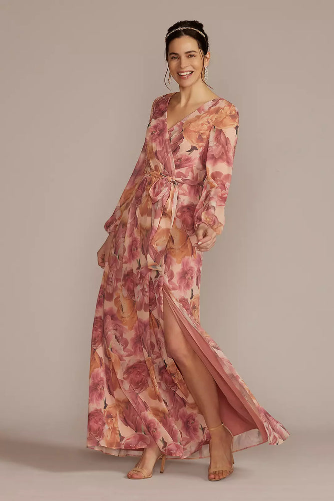 Long Sleeve Floral Chiffon Maxi Dress with Slit - Pink