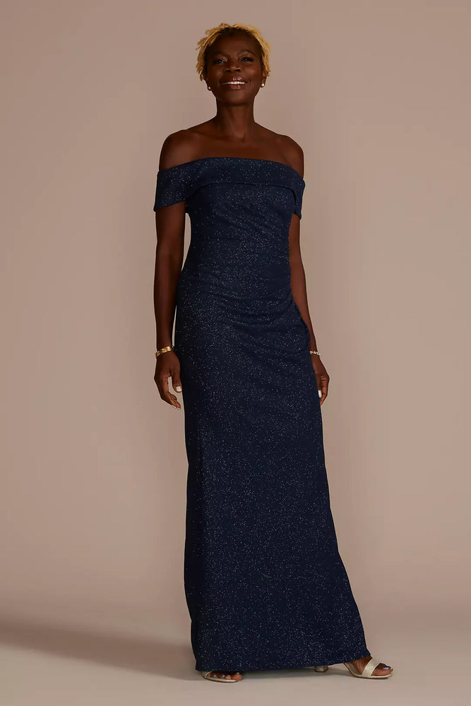 Off-the-Shoulder Draped Glitter Knit Sheath - Blue