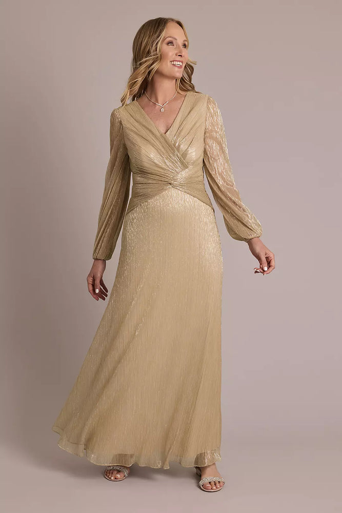 Metallic Long-Sleeve Knotted A-Line Dress - Yellow