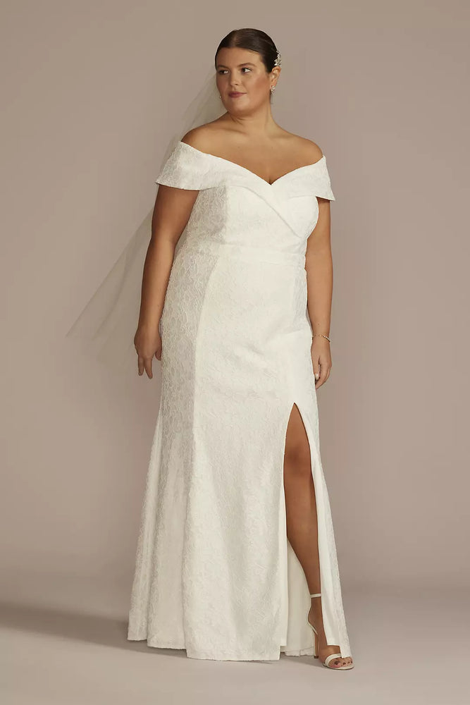 Cuffed Off-the-Shoulder Lace Plus Size Sheath Gown - Ivory