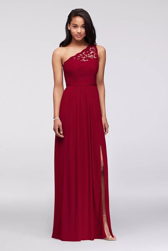 One Shoulder Corded Lace Mesh Dress - Red