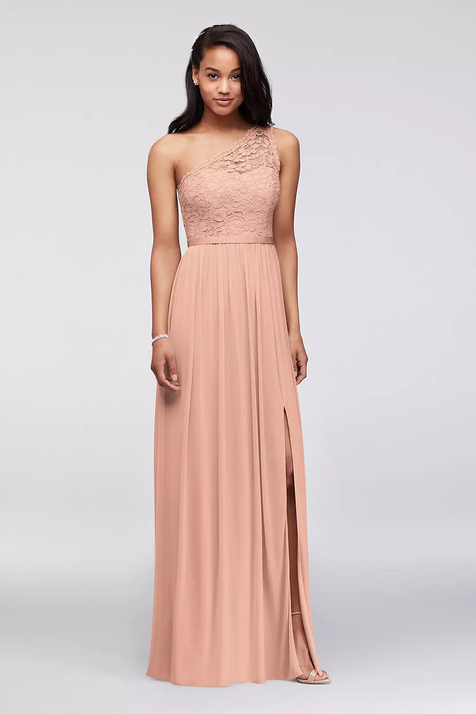 One Shoulder Corded Lace Mesh Dress - Pink