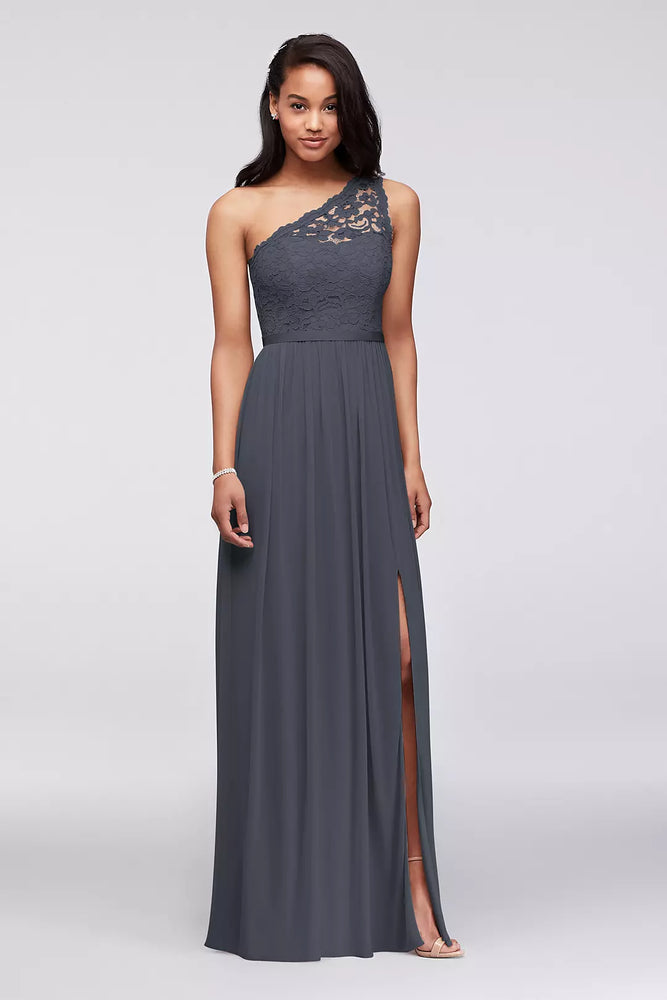 One Shoulder Corded Lace Mesh Dress - Grey