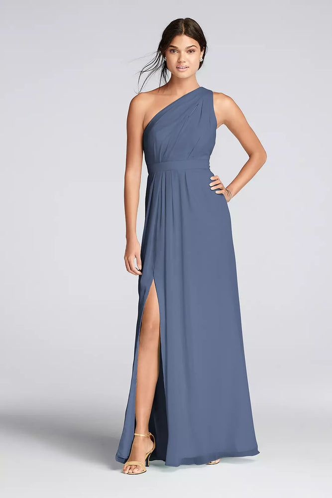 Long One-Shoulder Crinkle Chiffon Dress - Blue