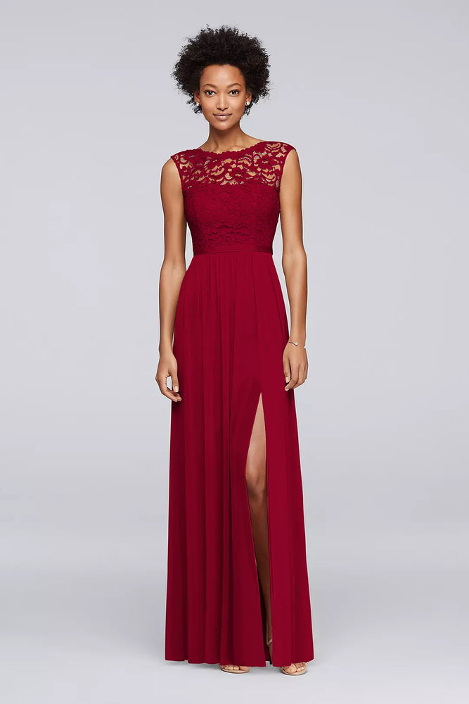 Lace Dress with Long Mesh Skirt - Red