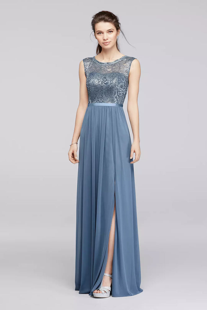 Lace Dress with Long Mesh Skirt - Blue