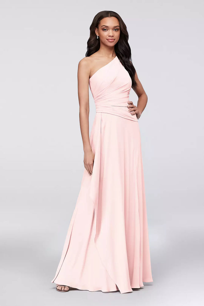 One-Shoulder Georgette Cascade Dress - Pink