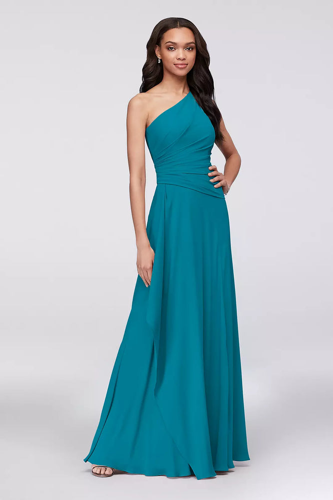 Georgette One-Shoulder Cascade Bridesmaid Dress - Blue