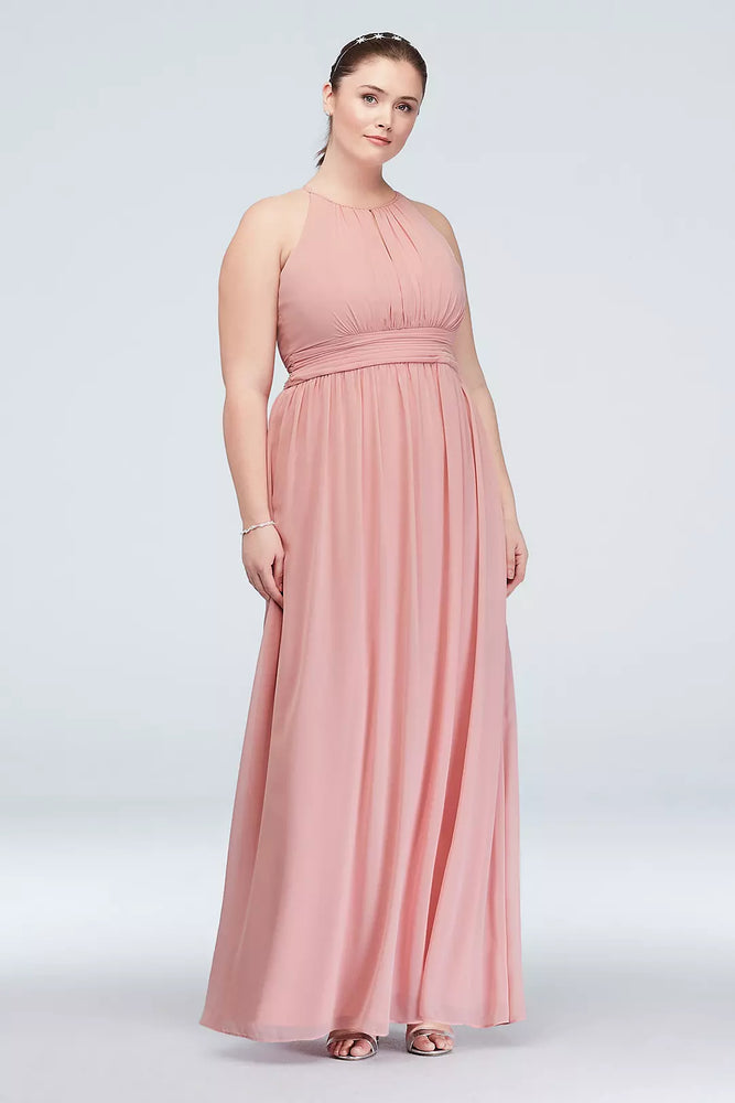 High-Neck Chiffon Dress with Keyhole - Pink