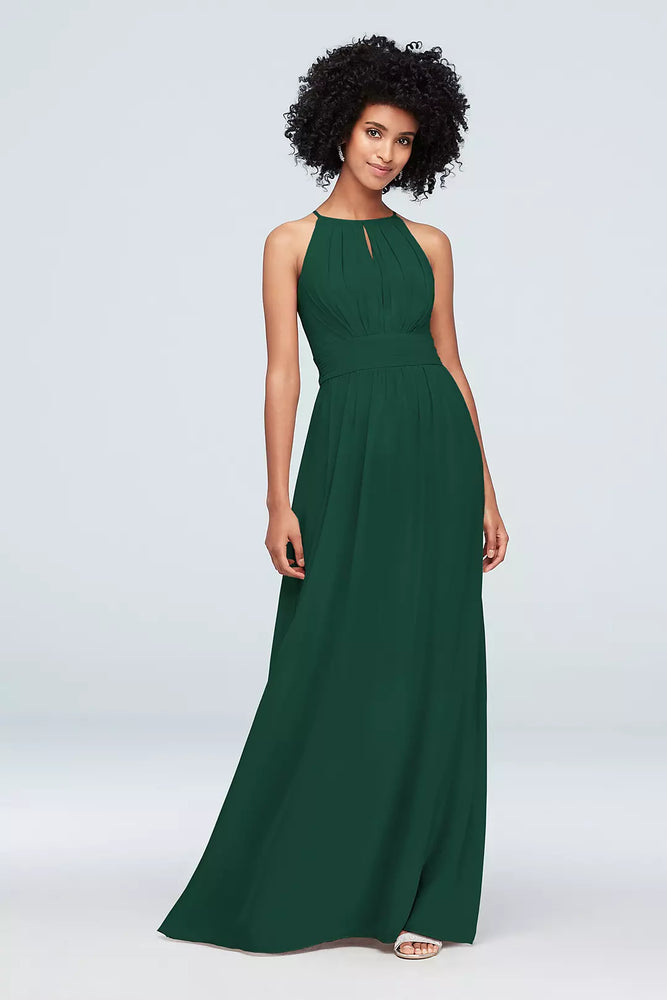 High-Neck Chiffon Dress with Keyhole - Green