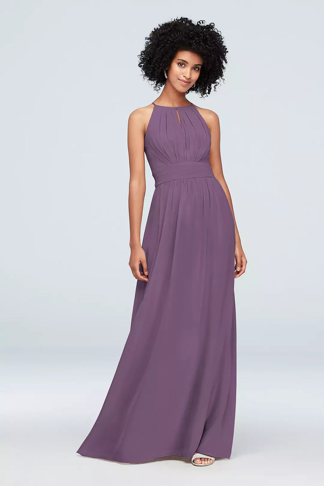 High-Neck Chiffon Dress with Keyhole - Purple