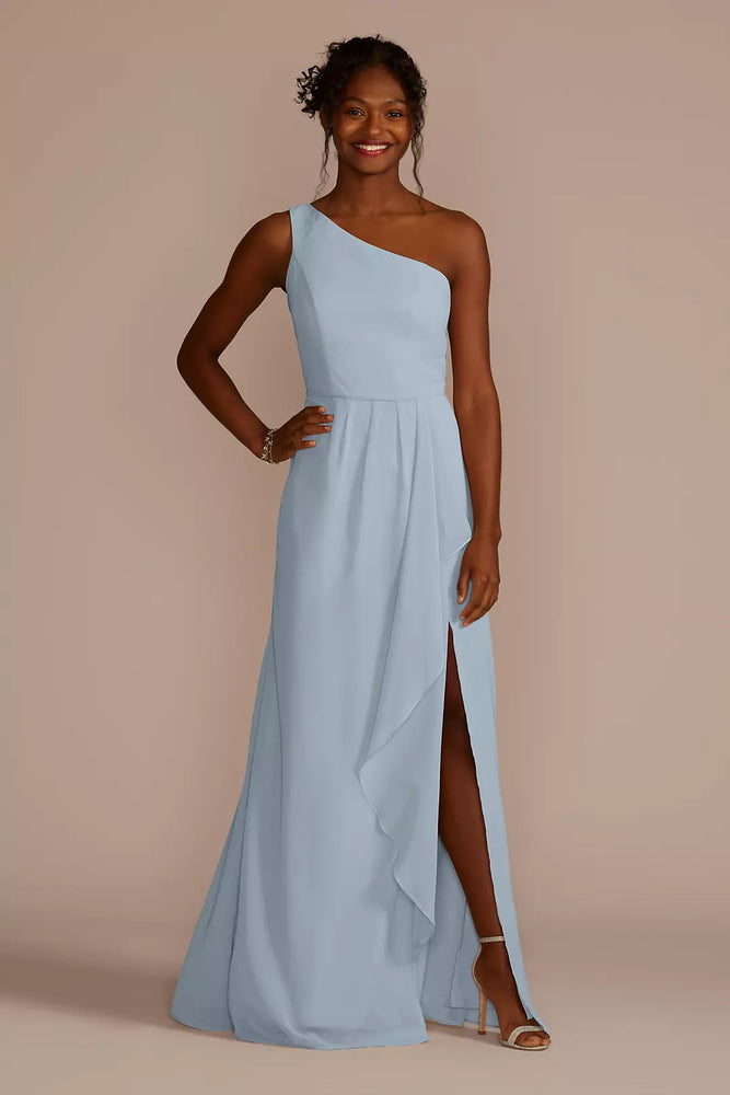 Chiffon One-Shoulder Dress with Cascade - Blue