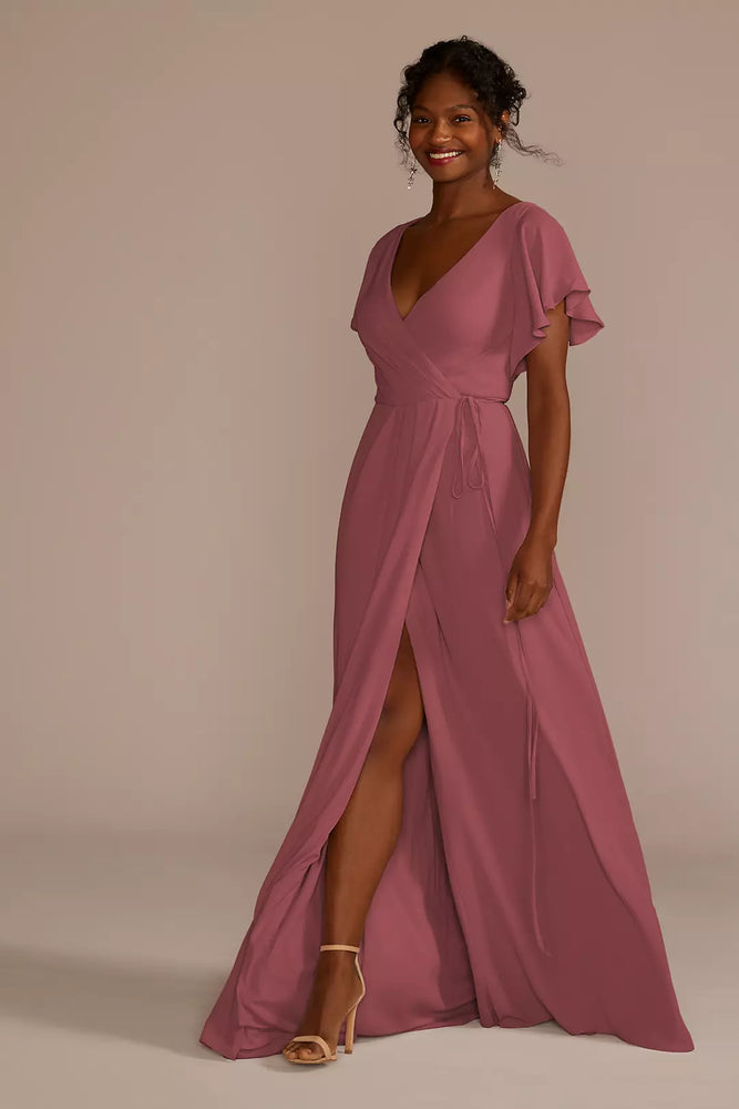 Flutter Sleeve Georgette Wrap Dress - Pink