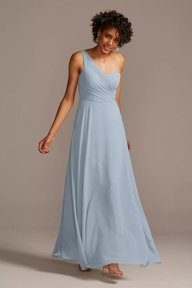 Full Skirt Dress with One Shoulder - Blue