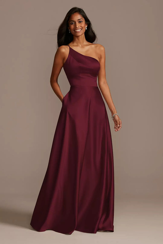 One Shoulder Satin A-Line Long Dress - Red