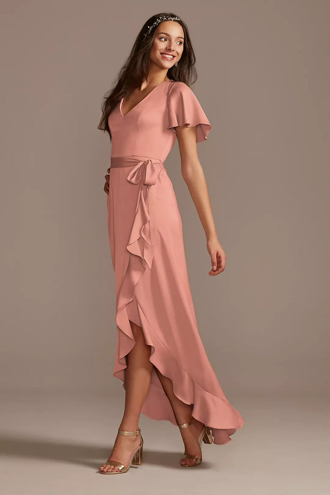 Flutter Sleeve Crepe Satin Ruffle Bridesmaid Dress - Orange