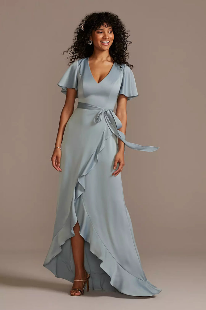 Flutter Sleeve Crepe Satin Ruffle Bridesmaid Dress - Blue