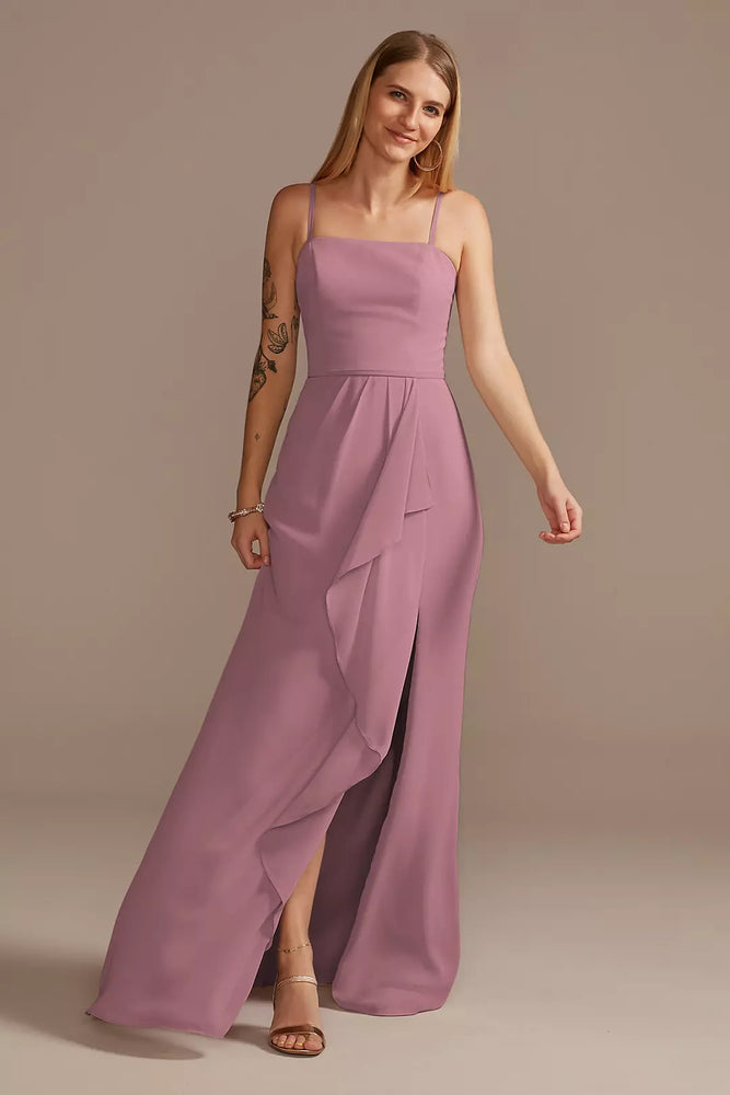 Spaghetti Strap Bridesmaid Dress with Cascade - Pink