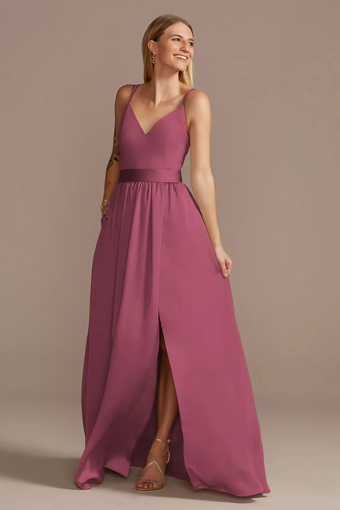 Double Spaghetti Strap Charmeuse Bridesmaid Dress - Pink