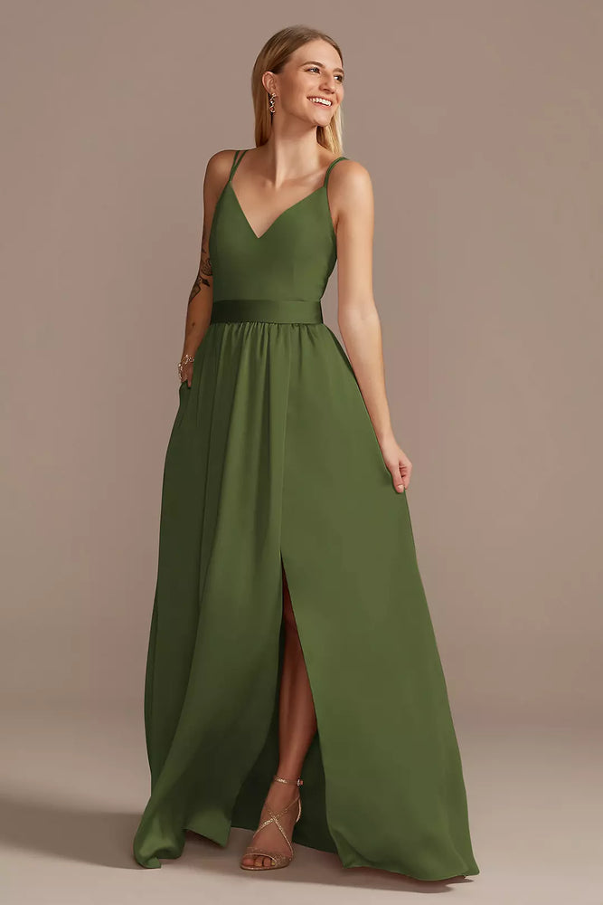 Double Spaghetti Strap Charmeuse Bridesmaid Dress - Green