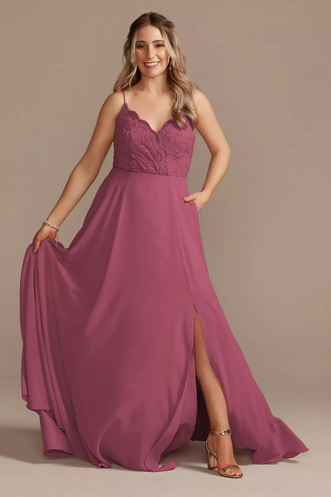 Lace Chiffon Spaghetti Strap Long Dress - Pink