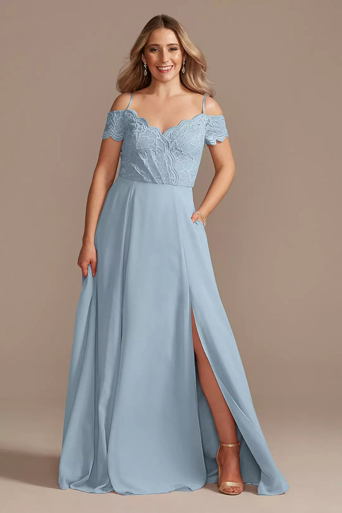 Lace Chiffon Off-Shoulder Long Dress - Blue