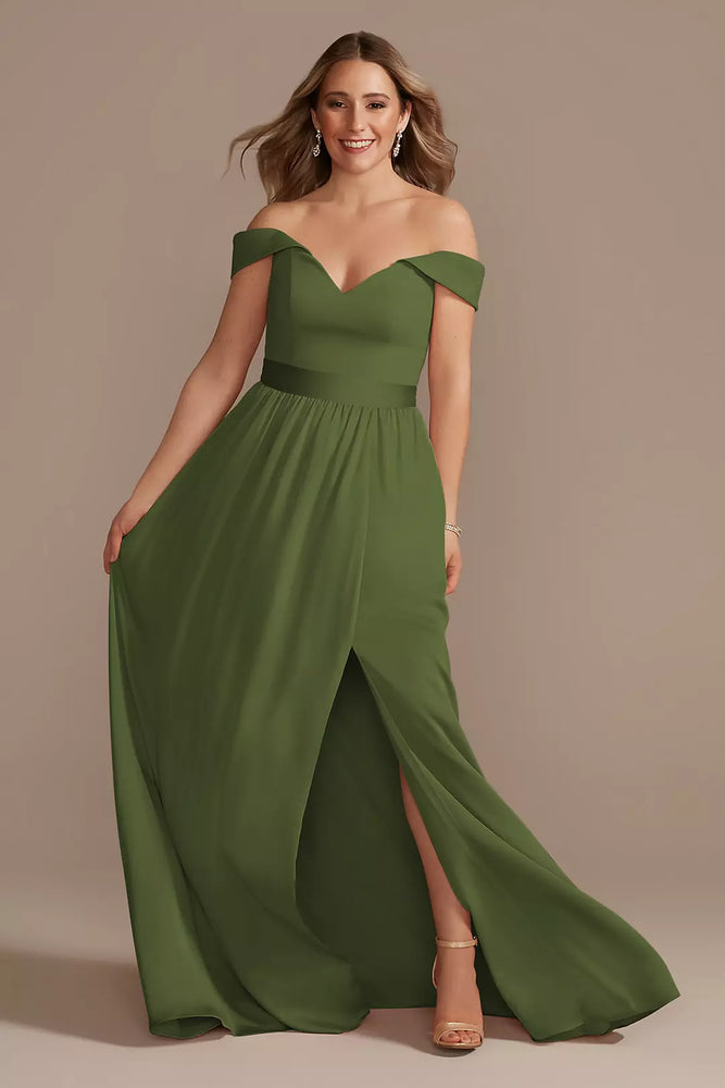 Off-Shoulder Crepe Charmeuse Dress - Green