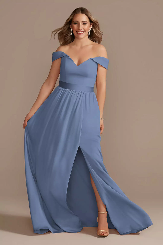 Off-Shoulder Crepe Charmeuse Dress - Blue