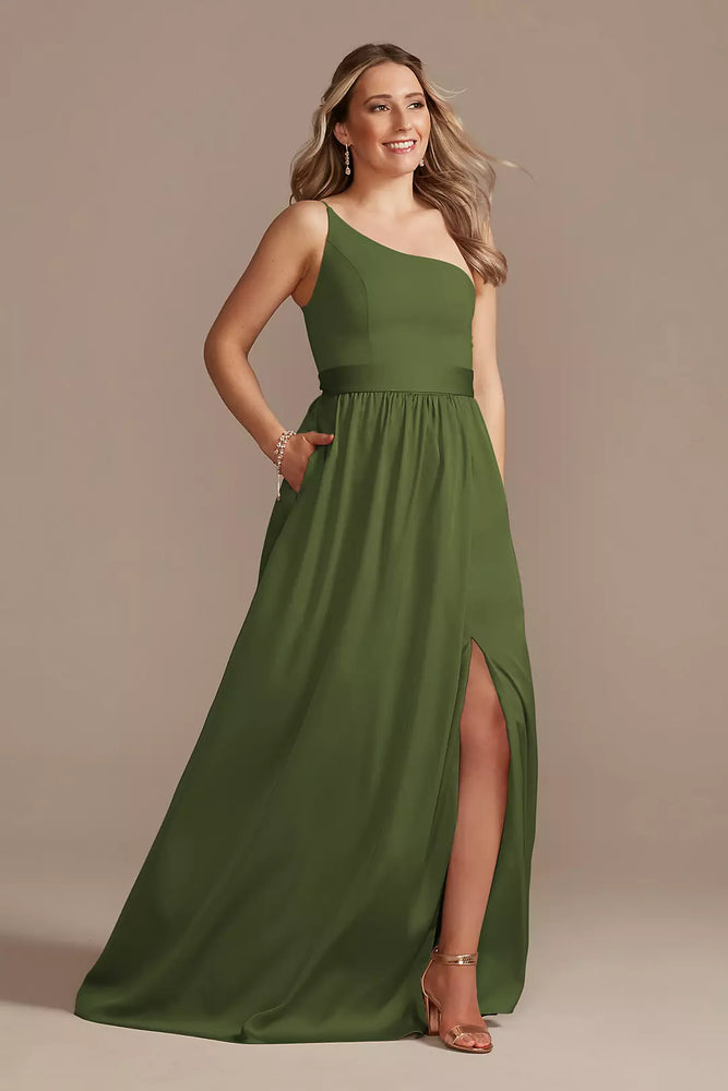 One-Shoulder Long Crepe Charmeuse Dress - Green