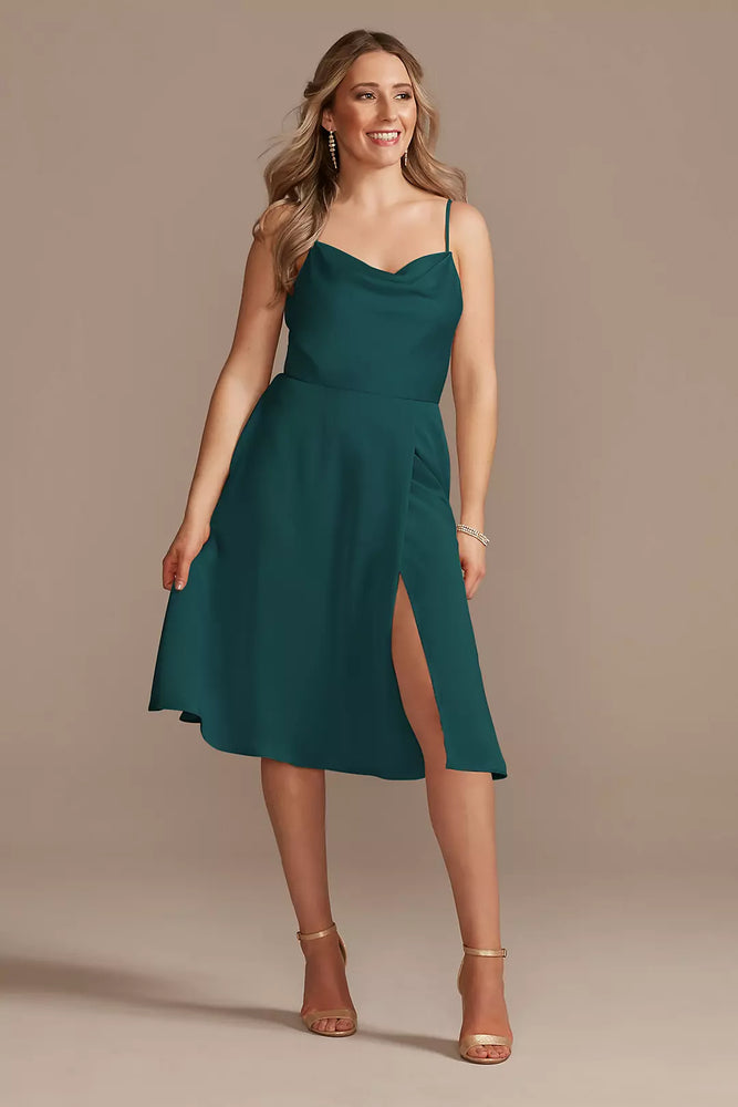 Satin Spaghetti Strap Cowl Midi Bridesmaid Dress - Green