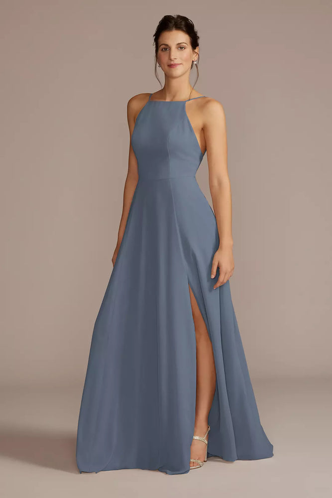 Chiffon High-Neck A-Line Dress - Blue