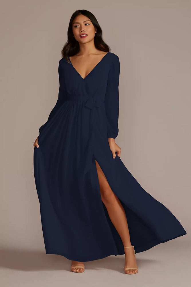 Long Sleeve Chiffon Dress with Slit - Blue