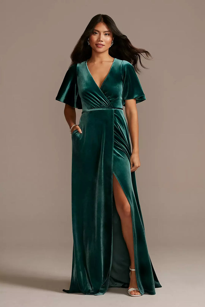 Stretch Velvet Flutter Sleeve Dress - Green