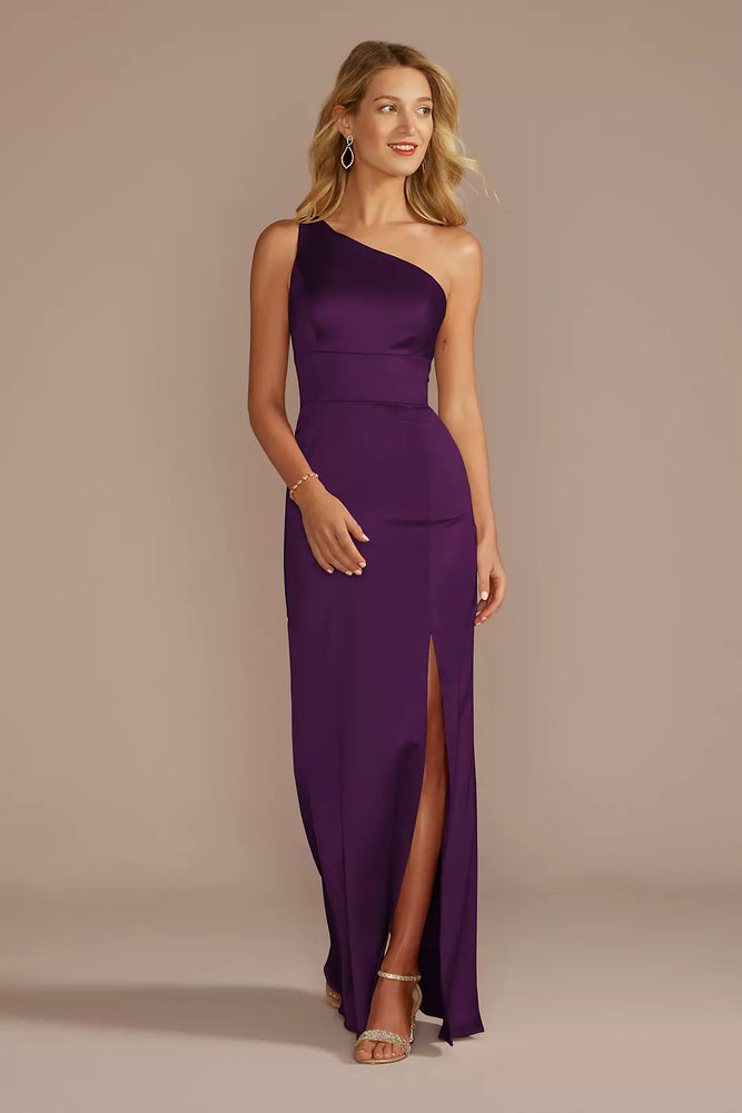 Stretch Satin One-Shoulder Sheath Dress - Purple